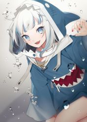 Rule 34 | 1girl, :d, absurdres, animal hood, arm up, bad id, bad twitter id, blue eyes, blue hair, blue hoodie, blue nails, blush, bubble, commentary, commentary request, daimaou ruaeru, drawstring, gawr gura, gawr gura (1st costume), hands up, highres, hololive, hololive english, hood, hood up, hoodie, long sleeves, looking at viewer, multicolored hair, multicolored nails, nail polish, open mouth, red nails, shark hood, sharp teeth, silver hair, sitting, smile, solo, streaked hair, tail, teeth, thighs, upper body, virtual youtuber, water drop