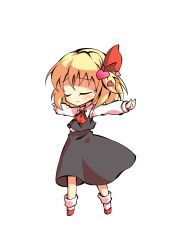 Rule 34 | 1girl, arms up, ascot, blonde hair, blush, chibi, closed eyes, closed mouth, collar, collared shirt, dairi, full body, grey skirt, grey vest, hair between eyes, hair ribbon, hands up, heart, long skirt, long sleeves, red ascot, red footwear, red ribbon, ribbon, rumia, shaded face, shirt, shoes, short hair, simple background, skirt, smile, socks, solo, standing, tachi-e, touhou, transparent background, vest, white background, white shirt, white sleeves, white socks