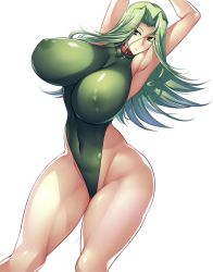 Rule 34 | 1girl, armpits, arms up, breasts, contrapposto, curvy, covered erect nipples, from above, green hair, haganef, highleg, highleg leotard, huge breasts, lamia loveless, leotard, long hair, looking ahead, new year, smile, solo, super robot wars, super robot wars original generation, thick thighs, thighs, white background
