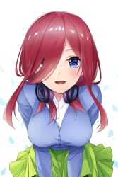 Rule 34 | 1girl, absurdres, blue cardigan, blue eyes, blush, breasts, cardigan, commentary request, go-toubun no hanayome, green skirt, hair over one eye, headphones, headphones around neck, highres, large breasts, leaning forward, long hair, looking at viewer, nakano miku, open mouth, pink hair, school uniform, shirt, skirt, smile, solo, white shirt, yumemo
