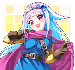 Rule 34 | 1girl, :d, belt, belt buckle, black belt, black gloves, blue hair, blue tunic, buckle, cape, circlet, commentary request, cosplay, dragon quest, dragon quest iii, gloves, highres, layered sleeves, lize helesta, long hair, long sleeves, looking at viewer, multicolored hair, nijisanji, open mouth, pink cape, pink hair, purple eyes, roto, roto (cosplay), roto (dq3), sakino shingetsu, short over long sleeves, short sleeves, smile, solo, two-tone hair, upper body, very long hair, virtual youtuber