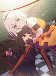 Rule 34 | 2girls, absurdres, alternate costume, anime coloring, bare shoulders, black hair, blonde hair, blurry, blurry foreground, blush, breasts, commentary, detached sleeves, dress, edgar syu, fake tail, fake wings, fingerless gloves, gloves, halloween, halloween costume, hat, highres, indoors, inoue takina, long hair, long sleeves, looking at another, looking at viewer, lycoris recoil, multicolored clothes, multicolored legwear, multiple girls, nishikigi chisato, orange dress, orange eyes, pantyhose, parted lips, purple dress, purple eyes, short hair, string, string of fate, tail, two-tone legwear, wings, witch hat
