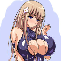 Rule 34 | 1girl, armlet, bare shoulders, black one-piece swimsuit, blonde hair, blue eyes, blush, breasts, center opening, cleavage cutout, clothing cutout, female focus, flower, hair between breasts, hair flower, hair ornament, huge breasts, long hair, looking at viewer, nanakorobi yaoki, one-piece swimsuit, original, sexually suggestive, shy, simple background, solo, standing, swimsuit, upper body