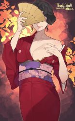 Rule 34 | 1girl, black hair, breasts, chairwoman (clamp gakuen tanteidan), clamp gakuen tanteidan, cleavage, collarbone, commentary, commission, covering own eyes, curly hair, folding fan, hand fan, hand on own chest, highres, holding, japanese clothes, kimono, large breasts, light smile, makingtawawa, multicolored background, red kimono, red lips, skeb commission