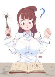 Rule 34 | book, breast expansion, breasts, brown hair, hanamuko, kagari atsuko, large breasts, little witch academia, magic, ponytail, red eyes, simple background, surprised, wand, white background