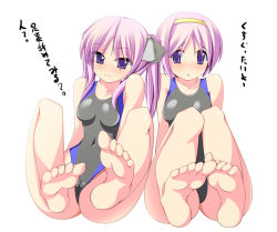 Rule 34 | 00s, barefoot, cameltoe, competition swimsuit, feet, hiiragi kagami, hiiragi tsukasa, long hair, lucky star, one-piece swimsuit, purple eyes, purple hair, short hair, siblings, simple background, sisters, soles, swimsuit, translation request, twins, twintails, white background