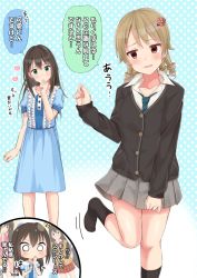 Rule 34 | alternate costume, blonde hair, brown eyes, brown hair, cosplay, costume switch, dotted background, green eyes, hair ornament, hairclip, highres, idolmaster, idolmaster cinderella girls, idolmaster cinderella girls starlight stage, kamiya nao, long hair, morikubo nono, multiple girls, necktie, partially translated, shibuya rin, socks, speech bubble, tktk135, translation request, wavy mouth