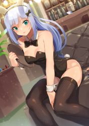 Rule 34 | 1girl, alcohol, animal ears, aqua eyes, bare arms, bare shoulders, between legs, black bow, black bowtie, black hairband, black leotard, black thighhighs, blunt bangs, blurry, blurry background, blush, bottle, bow, bowtie, breasts, casino, cleavage, closed mouth, collarbone, commentary request, couch, detached collar, dutch angle, fake animal ears, fake tail, feet out of frame, fishnet thighhighs, fishnets, grey bow, hair bow, hair ornament, hairband, hairclip, hand between legs, hand up, highleg, highleg leotard, highres, holding, holding tray, idolmaster, idolmaster million live!, idolmaster million live! theater days, indoors, kamille (vcx68), lens flare, leotard, long hair, looking at viewer, low-tied long hair, medium breasts, on couch, playboy bunny, poker chip, rabbit ears, rabbit tail, shiraishi tsumugi, sidelocks, silver hair, sitting, solo, sparkle, strapless, tail, thighhighs, tray, wavy mouth, wrist cuffs