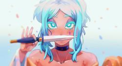 Rule 34 | 1girl, bare shoulders, blue background, blue eyes, blue hair, blue nails, blurry, blurry background, cerebella (skullgirls), choker, collarbone, colored eyelashes, confetti, dagger, detached sleeves, facing viewer, hand up, highres, holding, holding knife, holding weapon, knife, looking at viewer, makeup, marysue, mascara, nail polish, ponytail, sidelocks, skullgirls, solo, weapon