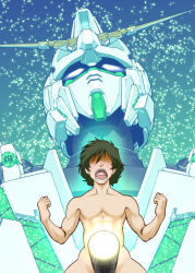 Rule 34 | 1boy, abs, armor, banagher links, clenched hands, faceless, faceless male, glowing, gundam, gundam unicorn, highres, kijinaka mahiro, light, machinery, male focus, md5 mismatch, mecha, mobile suit, muscular, nude, open mouth, phallic symbol, revision, robot, sparkle, standing