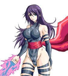 Rule 34 | 1girl, alternate breast size, aqua eyes, breasts, cameltoe, clenched hand, curvy, elbow gloves, energy sword, feet out of frame, gloves, highleg, highleg leotard, large breasts, leotard, marvel, psychic, psylocke, pubic hair, purple eyes, purple hair, revealing clothes, shiny clothes, shiny skin, skin tight, standing, sword, thick thighs, thighs, weapon, wedgie, white background, wide hips, x-men
