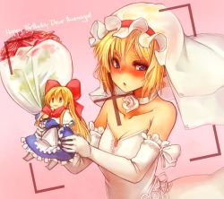 Rule 34 | 1girl, alice margatroid, alternate costume, bare shoulders, blonde hair, blue dress, blue eyes, blush, bouquet, bow, bridal veil, bride, choker, dress, elbow gloves, embarrassed, female focus, flower, gloves, hair bow, happy birthday, looking away, nose blush, open mouth, red flower, red rose, rose, sachito, shanghai doll, smile, solo, strapless, strapless dress, touhou, upper body, veil, viewfinder, wedding dress, white gloves