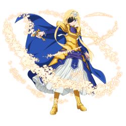 Rule 34 | 1girl, alice zuberg, armor, armored boots, armored dress, blonde hair, blue cape, blue eyes, boots, cape, dress, eyepatch, floating hair, full body, glowing, gold armor, hairband, highres, holding, holding sword, holding weapon, long dress, long hair, long sleeves, looking at viewer, official art, osmanthus blade, parted lips, pauldrons, shoulder armor, sidelocks, skirt, solo, standing, sword, sword art online, sword art online: alicization, transparent background, very long hair, weapon, white hairband, white skirt, yellow footwear