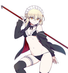 Rule 34 | &gt;:(, arm at side, arm up, artoria pendragon (all), artoria pendragon (alter swimsuit rider) (second ascension) (fate), artoria pendragon (fate), bikini, black bikini, black legwear, blonde hair, breasts, bridal garter, chan co, choker, cleavage, closed mouth, empty eyes, fate/grand order, fate (series), frill trim, frills, frown, gluteal fold, hair between eyes, hair ribbon, jacket, leg up, maid, maid bikini, maid headdress, navel, off shoulder, open clothes, open jacket, polearm, ribbon, ribbon trim, saber alter, short hair, simple background, small breasts, swimsuit, thighhighs, unconventional maid, v-shaped eyebrows, weapon, white background, yellow eyes