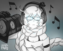 Rule 34 | 10s, 1girl, abyssal ship, admiral paru, artist name, beamed quavers, blue theme, boombox, bra strap, braid, colored skin, cowlick, dated, glasses, gradient background, headphones, kantai collection, long hair, monochrome, musical note, opaque glasses, quaver, solo, supply depot princess, white hair, white skin