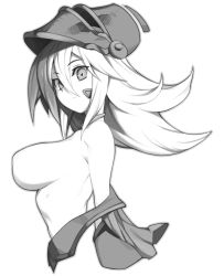 Rule 34 | 1girl, bad id, bad pixiv id, blonde hair, breasts, closed mouth, dark magician girl, duel monster, from side, green eyes, greyscale, hair between eyes, helmet, large breasts, long hair, metata, monochrome, open clothes, serious, solo, undressing, upper body, yu-gi-oh!, yuu-gi-ou, yu-gi-oh! duel monsters