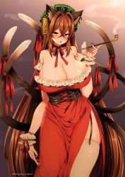 Rule 34 | 1girl, aged up, animal ears, breasts, brown hair, cat ears, cat tail, chen, cleavage, commentary request, corset, dress, earrings, fingernails, garter straps, gradient background, green hat, hair between eyes, hat, holding, huge breasts, jewelry, kiseru, long fingernails, looking at viewer, marota, mob cap, nail polish, red dress, red nails, sharp fingernails, smoke, smoking pipe, solo, standing, tail, thighhighs, touhou, twitter username, white thighhighs, wrist cuffs
