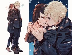 Rule 34 | 1boy, 1girl, alternate costume, black jacket, black pants, blonde hair, blush, brown hair, closed mouth, cloud strife, couple, earrings, final fantasy, final fantasy vii, from side, full body, grey background, hands in pockets, heart, hetero, highres, holding hands, hood, hood down, hug, jacket, jewelry, long hair, long sleeves, looking at another, maiii (smaii i), pants, red eyes, smile, spiked hair, spoken blush, spoken heart, square enix, tifa lockhart, watermark