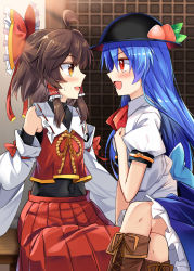 Rule 34 | 2girls, :d, ahoge, bare shoulders, black headwear, blue hair, blue skirt, blush, boots, bow, bowtie, brown eyes, brown footwear, brown hair, commentary request, covered navel, crop top, cross-laced footwear, detached sleeves, e.o., eye contact, feet out of frame, food, frilled bow, frilled shirt collar, frills, from side, fruit, hair bow, hair tubes, hakurei reimu, hand on own chest, highres, hinanawi tenshi, indoors, lace-up boots, leaf, long hair, long sleeves, looking at another, multiple girls, open mouth, peach, petticoat, pleated skirt, profile, puffy short sleeves, puffy sleeves, red bow, red eyes, red neckwear, red skirt, ribbon-trimmed collar, ribbon trim, shirt, short hair, short sleeves, sidelocks, sitting, skirt, smile, touhou, white shirt, wide sleeves