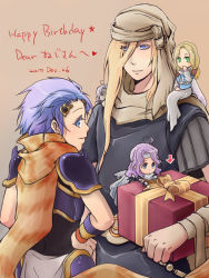 Rule 34 | 1990s (style), 1girl, 3boys, age difference, armor, bandana, blonde hair, blue eyes, blue hair, cain highwind, cape, cecil harvey, ceodore harvey, family, father and son, final fantasy, final fantasy iv, final fantasy iv: the after years, frodera, gift, green eyes, hands on own hips, headband, husband and wife, long hair, looking back, mother and son, multiple boys, purple hair, robe, rosa farrell, short hair, sitting, wristband