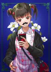 Rule 34 | 1girl, animal bag, apron, bag, bandaid, bandaid on hand, black hair, black jacket, blue background, cellphone, collared shirt, commentary request, dated, ear piercing, earrings, fake facial hair, fake mustache, flower, food, food print, fruit, hair bun, hand on own hip, head tilt, holding, holding phone, jacket, jewelry, kuzumochi (kuzumochiya), mole, mole under mouth, multicolored hair, open clothes, open jacket, original, pacifier, phone, piercing, print apron, red eyes, red hair, shirt, shoulder bag, side ponytail, signature, single side bun, solo, strawberry, strawberry print, stud earrings, two-tone hair, upper body, white apron, white flower, white shirt