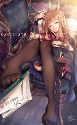 Rule 34 | 10s, 1girl, arm guards, artist name, black thighhighs, blunt bangs, book, bracelet, cagliostro (granblue fantasy), cape, case, chair, character name, dress, english text, engrish text, feet, holding with feet, fukai ryosuke, granblue fantasy, hairband, half-closed eyes, jewelry, legs, light rays, looking at viewer, lying, no shoes, on back, orange hair, purple dress, purple eyes, ranguage, smile, smirk, solo, spiked hairband, spikes, sunlight, thighhighs, toes