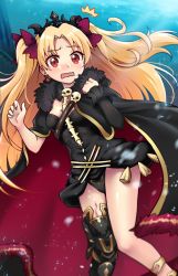 Rule 34 | 1girl, asymmetrical legwear, asymmetrical sleeves, between breasts, black cape, black thighhighs, blonde hair, blush, bow, breasts, cape, detached collar, earrings, ereshkigal (fate), fate/grand order, fate (series), fur-trimmed cape, fur trim, gold trim, hair bow, hoop earrings, infinity symbol, jewelry, long hair, long sleeves, looking at viewer, necklace, night, night sky, open mouth, parted bangs, red bow, red eyes, single sleeve, single thighhigh, skull, sky, small breasts, solo, spine, the dark, thighhighs, thighs, tiara, two side up, uneven legwear, uneven sleeves, wavy mouth