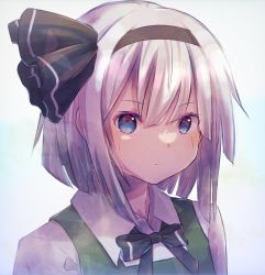 1girl blue_eyes bob_cut bow bowtie expressionless green_vest hair_ribbon hairband highres karamaru626 konpaku_youmu looking_at_viewer portrait ribbon short_hair silver_hair simple_background solo touhou vest white_background