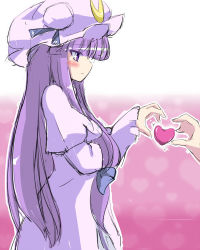 Rule 34 | 1girl, blue bow, blue ribbon, blunt bangs, blush, bow, commentary request, coo (coonekocoo), crescent, crescent pin, from side, gradient background, hair bow, hat, hat ribbon, heart, heart background, highres, long hair, mob cap, out of frame, outline, patchouli knowledge, purple eyes, purple hair, ribbon, sketch, touhou, very long hair, white outline