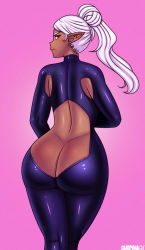 Rule 34 | 1girl, ass, backless outfit, black bodysuit, bodysuit, breasts, butt crack, dark-skinned female, dark elf, dark skin, deadmann, elf, elf-san wa yaserarenai., fingerless gloves, from behind, gloves, impossible clothes, kuroeda-san, leather suit, no panties, pink background, pointy ears, purple eyes, shiny skin, thick thighs, thighs, wide hips