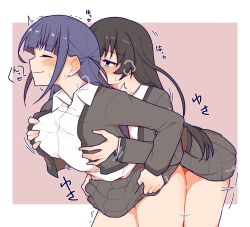 Rule 34 | 1futa, 1girl, black hair, blue eyes, blunt bangs, blush, border, breasts, closed eyes, closed mouth, clothed sex, clothes lift, collared shirt, covered mouth, cowboy shot, futa with female, futanari, grabbing, grabbing another&#039;s breast, grabbing from behind, grey jacket, grey skirt, hands up, heart, highres, implied futanari, jacket, kagura hikari, large breasts, leaning forward, lifted by self, long hair, long sleeves, looking at another, motion lines, multiple girls, one eye covered, open clothes, open jacket, outside border, pleated skirt, profile, purple hair, red background, school uniform, seishou music academy uniform, sex, sex from behind, shirt, shoujo kageki revue starlight, sidelocks, simple background, skirt, skirt lift, speech bubble, spoken heart, standing, standing sex, sweat, trembling, tsuyuzaki mahiru, two side up, very long hair, white border, white shirt, zannen hero
