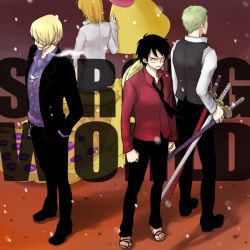 Rule 34 | 3boys, black hair, bolo tie, copyright name, formal, green hair, hair over one eye, hat, male focus, monkey d. luffy, multiple boys, nami (one piece), one piece, one piece: strong world, orange hair, roronoa zoro, sandals, sanji (one piece), straw hat, suit, sword, weapon