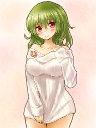 Rule 34 | 1girl, alternate costume, bad id, bad pixiv id, bare shoulders, blush, bottomless, breasts, clothes tug, collarbone, covered navel, covering privates, covering crotch, green hair, head tilt, kazami yuuka, large breasts, long sleeves, looking at viewer, naked sweater, no pants, off-shoulder, off-shoulder sweater, off shoulder, red eyes, ribbed sweater, shironeko yuuki, smile, solo, sweater, sweater tug, touhou