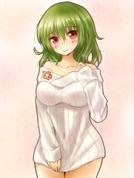 1girl alternate_costume bad_id bad_pixiv_id bare_shoulders blush bottomless breasts clothes_tug collarbone covered_navel covering_crotch covering_privates female_focus green_hair head_tilt kazami_yuuka large_breasts long_sleeves looking_at_viewer naked_sweater no_pants off-shoulder off-shoulder_sweater off_shoulder red_eyes ribbed_sweater shironeko_yuuki smile solo sweater sweater_tug touhou