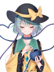 Rule 34 | 1girl, black hat, blue eyes, blush, bow, buttons, closed eyes, closed mouth, commentary request, diamond button, frilled shirt collar, frilled sleeves, frills, green hair, hair between eyes, hands up, hat, hat bow, heart, heart of string, highres, holding, holding eyeball, holding needle, implied suicide, koishi day, komeiji koishi, long sleeves, munari yugi, needle, sewing, sewing needle, short hair, simple background, smile, solo, split mouth, straight-on, symbolism, third eye, touhou, twitter username, upper body, white background, wide sleeves, yellow bow