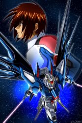 Rule 34 | 1boy, 1other, beam saber, blue eyes, brown hair, glowing, glowing eyes, gundam, gundam seed, gundam seed freedom, highres, holding, holding weapon, kira yamato, mecha, military, mobile suit, normal suit, pilot suit, purple eyes, rising freedom gundam, robot, science fiction, shimashun, short hair, spacesuit, v-fin, weapon