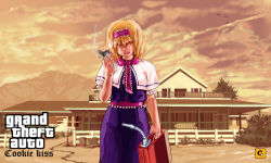 Rule 34 | 1girl, alice margatroid, arson, bird, blonde hair, blue dress, bush, capelet, cigarette, commentary request, cookie (touhou), cowboy shot, dress, eyes visible through hair, flower, gas can, gasoline, gnome, grand theft auto, grand theft auto: san andreas, hair between eyes, hinase (cookie), holding, house, imminent arson, jerry can, lighter, looking at viewer, mailbox (incoming mail), megafaiarou (talonflame 810), mountain, open mouth, pink flower, pink neckwear, pink sash, red eyes, sash, short hair, sky, smoking, solo, standing, trash bag, trash can, tree, white capelet, window, yellow sky