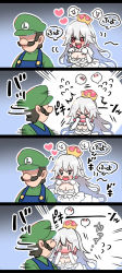 Rule 34 | &gt; &lt;, 1boy, 1girl, 4koma, :d, ^^^, blouse, blue overalls, blush, boo (mario), comic, commentary request, covering face, crown, dress, earrings, facial hair, flying sweatdrops, gloves, green hat, green shirt, hair between eyes, hat, heart, jewelry, long hair, looking at another, looking back, luigi, luigi&#039;s mansion, mario (series), motion lines, mustache, new super mario bros. u deluxe, nintendo, nose blush, open mouth, outline, overalls, pink eyes, princess king boo, shaded face, sharp teeth, shirt, smile, super crown, teeth, tongue, tongue out, translation request, white dress, white gloves, white hair, white outline