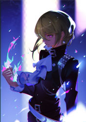 Rule 34 | 1boy, absurdres, androgynous, ascot, belt, black jacket, blue fire, clenched hand, closed mouth, expressionless, fire, green hair, highres, jacket, lio fotia, looking at viewer, male focus, promare, purple eyes, purple fire, pyrokinesis, short hair, solo, studded, yinjue shiting