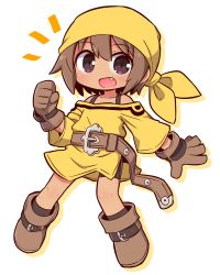 Rule 34 | 1girl, :d, bandana, bare shoulders, belt, belt buckle, bike shorts, black shorts, black socks, blush, boots, brown belt, brown eyes, brown footwear, brown gloves, brown hair, buckle, chibi, clenched hand, collarbone, colored shadow, commentary request, dress, drop shadow, fang, full body, gloves, hair between eyes, highres, long sleeves, looking at viewer, naga u, notice lines, off-shoulder dress, off shoulder, open mouth, razzy, shadow, short shorts, shorts, shorts under dress, smile, socks, solo, summon night, summon night: swordcraft story, white background, yellow dress