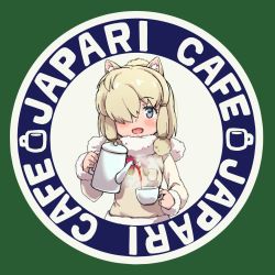 Rule 34 | 10s, 1girl, alpaca ears, alpaca suri (kemono friends), animal ears, beige vest, blonde hair, blue eyes, blush, breast pocket, breasts, cafe, cup, english text, fur-trimmed sleeves, fur collar, fur trim, green background, hair over one eye, hair ribbon, highres, holding, holding cup, karahai (31448823), kemono friends, long sleeves, looking at viewer, neck ribbon, open mouth, pocket, red ribbon, ribbon, shirt, short hair, sidelocks, simple background, small breasts, smile, solo, swept bangs, tea, teacup, teapot, text focus, tress ribbon, vest, white shirt