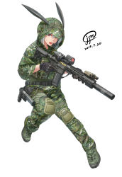 Rule 34 | 1girl, animal ears, ar-15, assault rifle, rabbit ears, camouflage, commentary, dated, english commentary, fake animal ears, gloves, gun, handgun, headset, highres, holding, holding gun, holding weapon, holster, holstered, hood, jpc, open mouth, original, pistol, red eyes, rifle, signature, silver hair, solo, suppressor, trigger discipline, weapon, white background