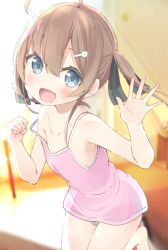 Rule 34 | 1girl, :d, absurdres, aged down, ahoge, bare arms, bare shoulders, blue eyes, blurry, blurry background, blush, breasts, brown hair, camisole, cat hair ornament, commentary request, depth of field, fang, grey panties, hair between eyes, hair ornament, hairclip, hand up, highres, hololive, long hair, natsuiro matsuri, okota mikan, open mouth, panties, pink camisole, polka dot, polka dot panties, side ponytail, small breasts, smile, solo, standing, standing on one leg, strap slip, underwear, virtual youtuber