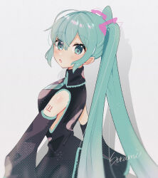 Rule 34 | 1girl, absurdres, blue eyes, blue hair, blush, collared shirt, detached sleeves, dress, from behind, hatsune miku, highres, long hair, long sleeves, looking at viewer, looking back, necktie, open mouth, shirt, sleeveless, sleeveless dress, solo, sorami, very long hair, vocaloid