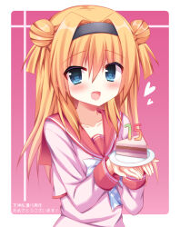 Rule 34 | 1girl, :d, blonde hair, blue eyes, blue headwear, blush, border, bow, cake, cake slice, chitose sana, commentary request, double bun, eyelashes, eyes visible through hair, food, hair between eyes, hair bun, hair intakes, hands up, happy, heart, highres, holding, holding tray, korokoro cat, long hair, long sleeves, looking at viewer, open mouth, pencil skirt, pink background, red sailor collar, sailor collar, school uniform, serafuku, sidelocks, simple background, skirt, smile, solo, tenshinranman, translation request, tray, two side up, upper body, white border, white bow