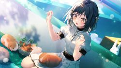 Rule 34 | 1girl, basket, black hair, bob cut, carrot, commentary, curled fingers, dress, dutch angle, lens flare, love live!, love live! nijigasaki high school idol club, medium dress, mifune shioriko, on lap, open mouth, orange eyes, puffy short sleeves, puffy sleeves, rabbit, riichu, short hair, short sleeves, sidelighting, sitting, solo, surprised, surprised arms, white dress