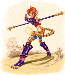 Rule 34 | 1girl, animal ears, bad id, bad pixiv id, belt, boots, breath of fire, breath of fire ii, buckle straps, cat ears, cat tail, claws, d-suke, fighting stance, foreshortening, green eyes, knee boots, orange hair, red hair, rinpoo chuan, solo, staff, tail, tiger stripes, tiger tail, yellow eyes