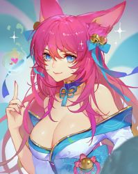 Rule 34 | 1girl, ahri (league of legends), animal ear fluff, animal ears, bare shoulders, bell, blue eyes, blue kimono, breasts, choker, cleavage, collarbone, commentary, facial mark, fox ears, fox girl, fox tail, hair bell, hair between eyes, hair ornament, hand up, heart, japanese clothes, kimono, kyuubi, large breasts, league of legends, long hair, looking at viewer, nail polish, pink hair, pink nails, ribbon, smile, solo, songjikyo, sparkle, spirit blossom ahri, tail, upper body, vastaya, whisker markings