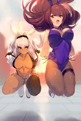 Rule 34 | 2girls, animal ears, arms behind back, bikini, black bikini, black legwear, blue shorts, body markings, breasts, caenis (fate), cleavage, dark-skinned female, dark skin, detached collar, echo (circa), fake animal ears, fate/grand order, fate (series), fishnet legwear, fishnets, green eyes, hair between eyes, hair intakes, highleg, highleg leotard, jacket, jumping, large breasts, leotard, long hair, looking at another, looking to the side, multiple girls, official alternate costume, open clothes, open jacket, pantyhose, playboy bunny, ponytail, purple hair, purple leotard, rabbit ears, red eyes, scathach (fate), scathach (piercing bunny) (fate), short shorts, shorts, single thighhigh, swimsuit, tattoo, thighhighs, thighs, white hair, white jacket, wrist cuffs