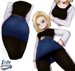 Rule 34 | 1girl, absurdres, android 18, artist name, ass, belt, black vest, blonde hair, blue eyes, blush, breasts, brown belt, cropped shoulders, crossed arms, dragon ball, dragonball z, earrings, echo saber, from below, gluteal fold, hand on own hip, head out of frame, highres, hoop earrings, jewelry, long sleeves, looking at viewer, multiple views, nose blush, pantyhose, pantylines, short hair, standing, thighs, upskirt, vest, white background